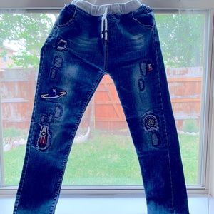 Boys distressed adorable patches drawstring jeans